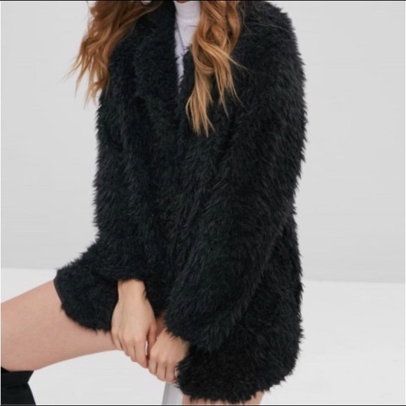 Open Front Sherpa Coat / Black - Picture 2 of 4